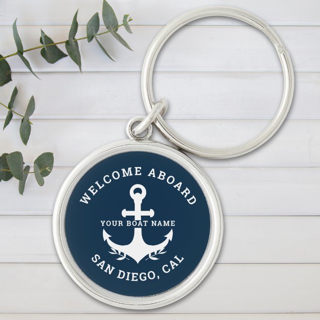 Welcome Aboard Nautica Blue Rund Silverfärgad Nyckelring (Skapare uppladdad)