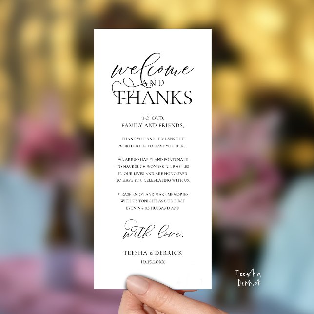 "Welcome and Thanks" Classy Reception Guest Card Program ("Welcome and Thanks" Classy Wedding Romantic Reception Guest Card in black and white)