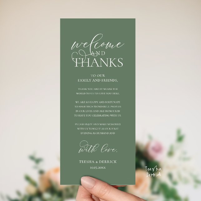 "Welcome and Thanks" Classy Reception Guest Card Program ("Welcome and Thanks" Classy Wedding Romantic Reception Guest Card in sage green)