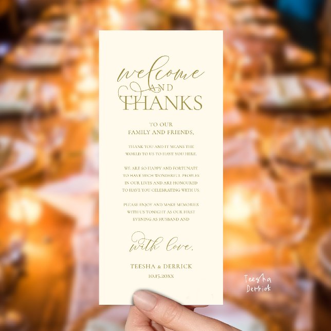 "Welcome and Thanks" Classy Reception Guest Card Program ("Welcome and Thanks" Classy Wedding Romantic Reception Guest Card in yellow gold)