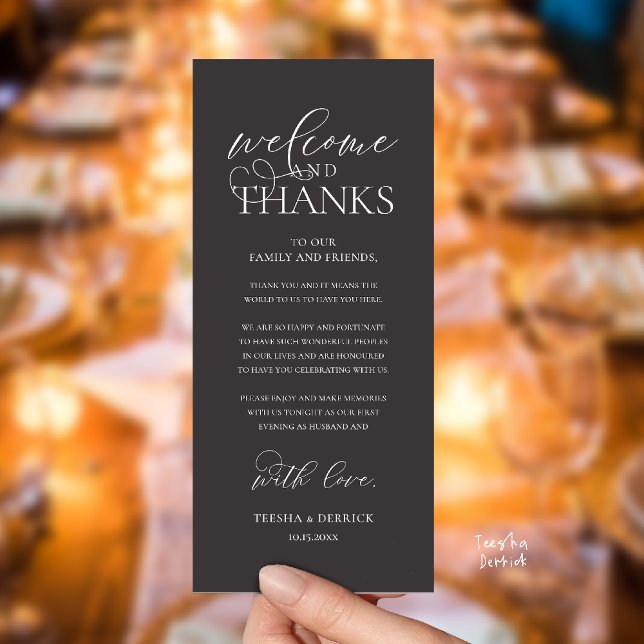 "Welcome and Thanks" Classy Reception Guest Card Program ("Welcome and Thanks" Classy Wedding Romantic Reception Guest Card in charcoal grey)