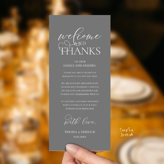 "Welcome and Thanks" Classy Reception Guest Card Program ("Welcome and Thanks" Classy Wedding Romantic Reception Guest Card in dark grey)