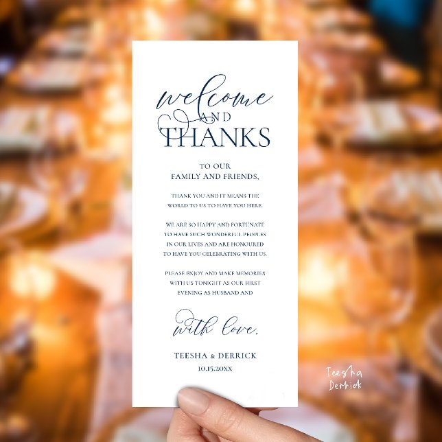 "Welcome and Thanks" Classy Reception Guest Card Program ("Welcome and Thanks" Classy Wedding Romantic Reception Guest Card in navy blue)