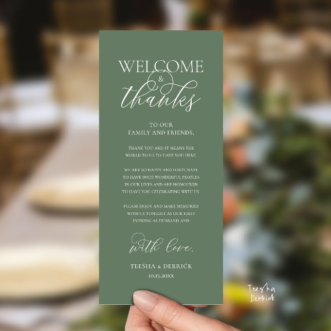 "Welcome and Thanks" Elegant Reception Guest Card Program ("Welcome and Thanks" Elegant Wedding Reception Guest Thank you Card in Sage Green)