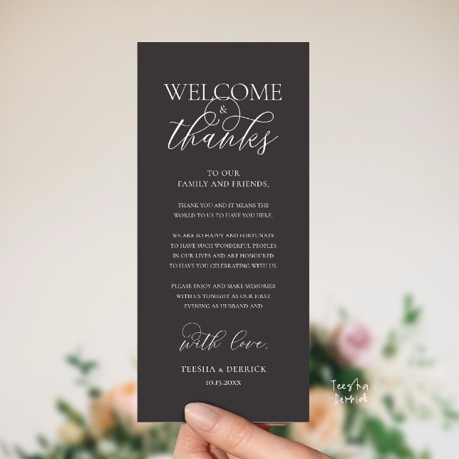 "Welcome and Thanks" Elegant Reception Guest Card Program ("Welcome and Thanks" Elegant Wedding Reception Guest Thank you Card in Charcoal Grey)