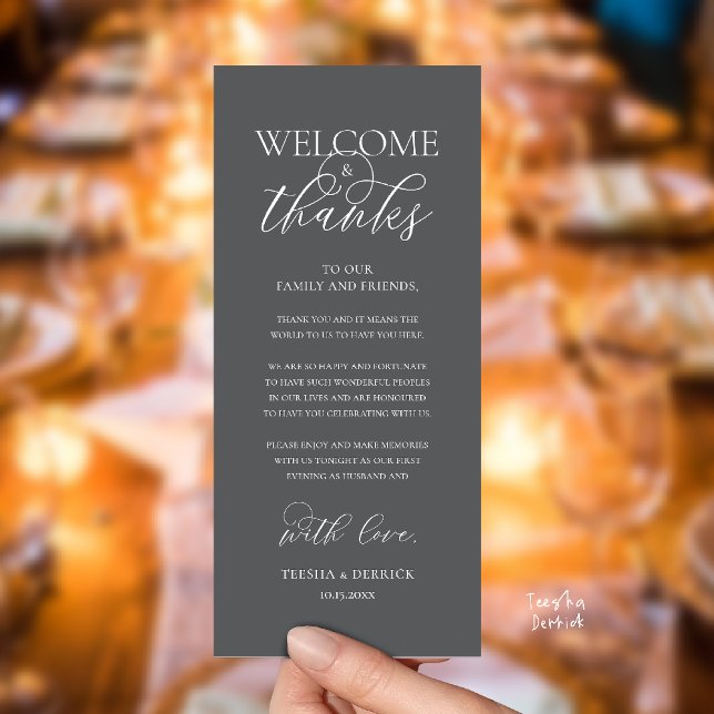 "Welcome and Thanks" Elegant Reception Guest Card Program ("Welcome and Thanks" Elegant Wedding Reception Guest Thank you Card in Dark Grey)