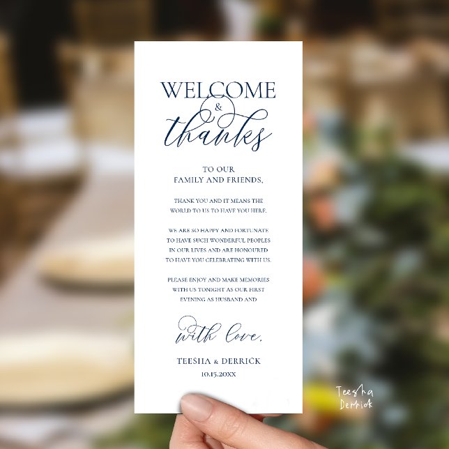 "Welcome and Thanks" Elegant Reception Guest Card Program ("Welcome and Thanks" Elegant Wedding Reception Guest Thank you Card in Navy Blue)