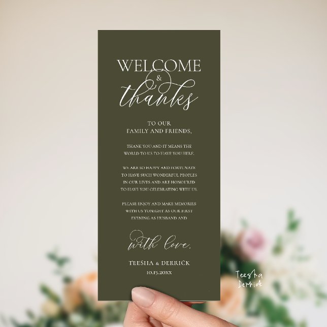 "Welcome and Thanks" Elegant Reception Guest Card Program ("Welcome and Thanks" Elegant Wedding Reception Guest Thank you Card in Olive Green)