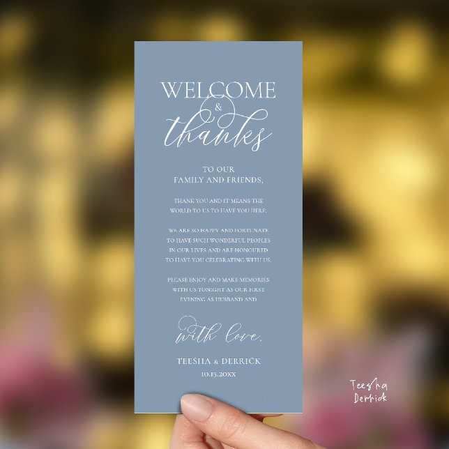 "Welcome and Thanks" Elegant Reception Guest Card Program ("Welcome and Thanks" Elegant Wedding Reception Guest Thank you Card in Dusty Blue)