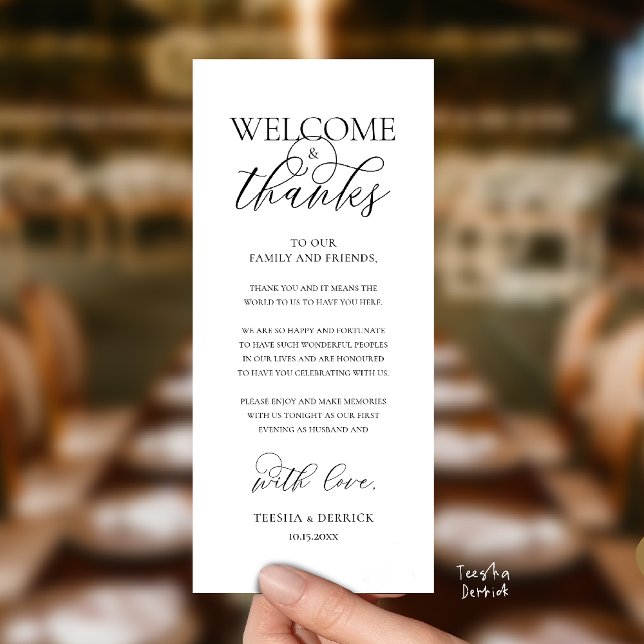 "Welcome and Thanks" Elegant Reception Guest Card Program ("Welcome and Thanks" Elegant Wedding Reception Guest Thank you Card in Black and white)