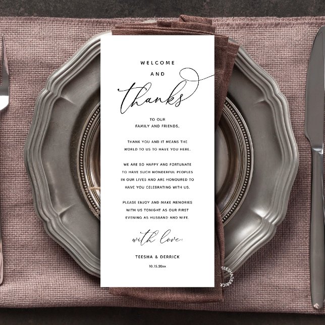 "Welcome and Thanks" Elegant Reception Guest Card Program (Elegant Modern Wedding Reception "Welcome and Thanks" Table Card for Guest in Black White)