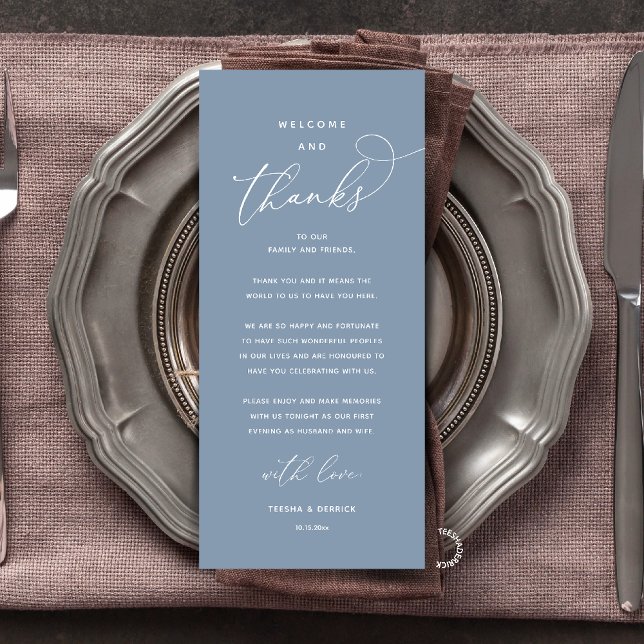 "Welcome and Thanks" Elegant Reception Guest Card Program (Modern Elegant Wedding Reception "Welcome and Thanks" Table Card for Guest in Dusty Blue)