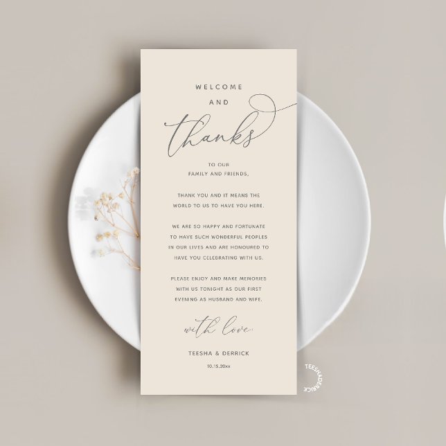"Welcome and Thanks" Elegant Reception Guest Card Program (Modern Elegant Wedding Reception "Welcome and Thanks" Table Card for Guest in Cream Grey)
