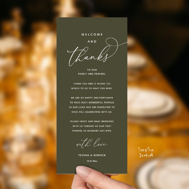 "Welcome and Thanks" Elegant Reception Guest Card Program (Modern Elegant Wedding Reception "Welcome and Thanks" Table Card for Guest in Olive Green)