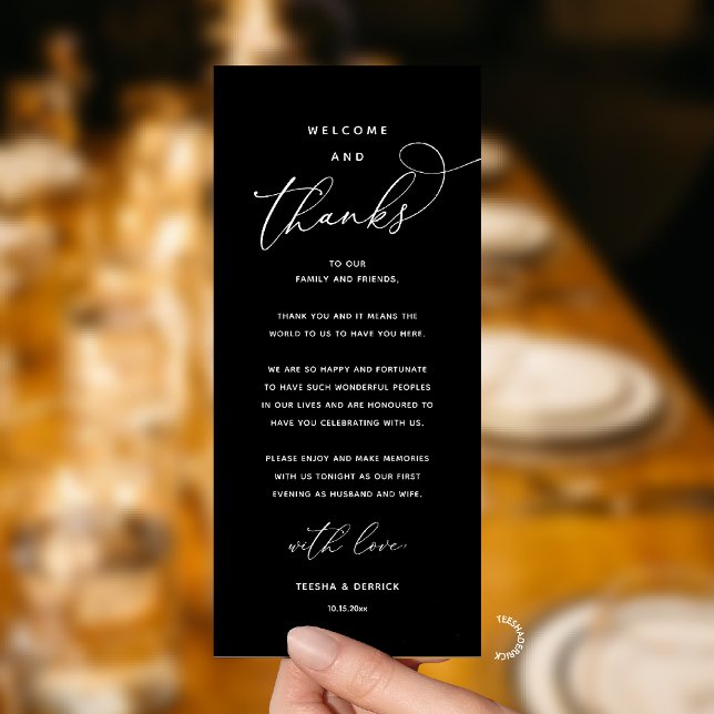 "Welcome and Thanks" Elegant Reception Guest Card Program (Modern Elegant Wedding Reception "Welcome and Thanks" Table Card for Guest in Black White)
