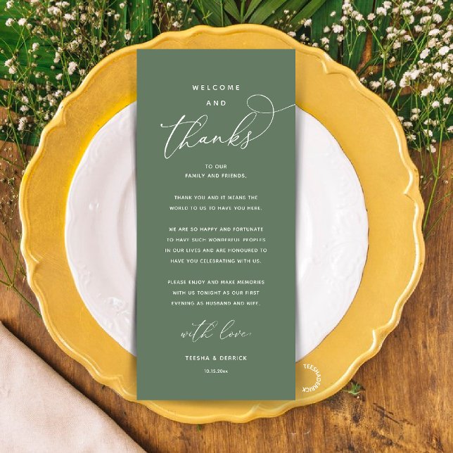"Welcome and Thanks" Elegant Reception Guest Card Program (Modern Elegant Wedding Reception "Welcome and Thanks" Table Card for Guest in Sage Green)