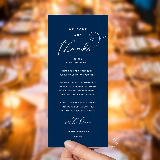 "Welcome and Thanks" Elegant Reception Guest Card Program (Modern Elegant Wedding Reception "Welcome and Thanks" Table Card for Guest in Navy Blue)