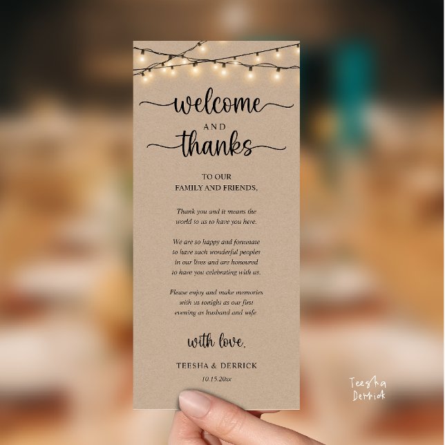 "Welcome and Thanks" Rustic Reception Guest Card Program ("Welcome and Thanks" Rustic Reception Guest Card in String Lights Brown Kraft)