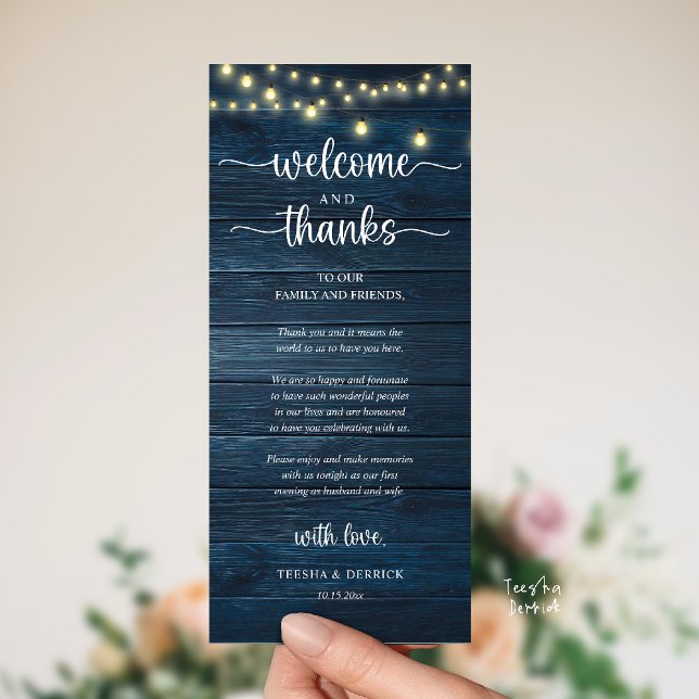 "Welcome and Thanks" Rustic Reception Guest Card Program ("Welcome and Thanks" Rustic Reception dinner Guest thank you Card in string lights navy blue wood)