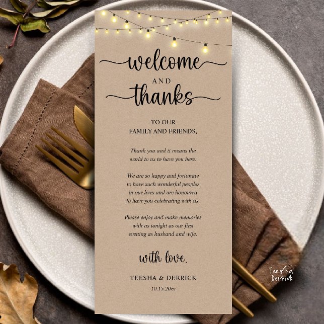 "Welcome and Thanks" Rustic Reception Guest Card Program ("Welcome and Thanks" Rustic Reception dinner Guest thank you Card in string lights brown kraft)