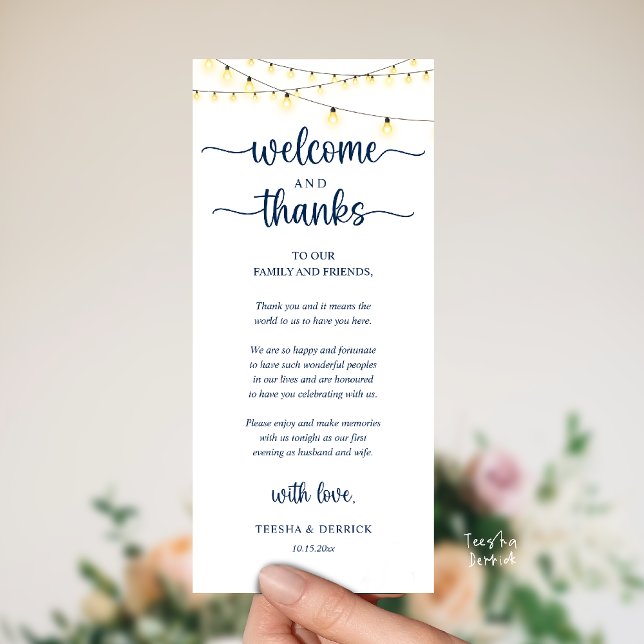 "Welcome and Thanks" Rustic Reception Guest Card Program ("Welcome and Thanks" Rustic Reception dinner Guest thank you Card in string lights navy blue)