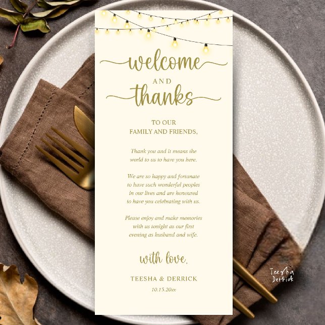 "Welcome and Thanks" Rustic Reception Guest Card Program ("Welcome and Thanks" Rustic Reception dinner Guest thank you Card in string lights yellow gold)