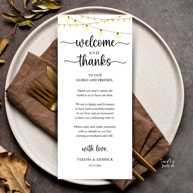 "Welcome and Thanks" Rustic Reception Guest Card Program ("Welcome and Thanks" Rustic Reception dinner Guest thank you Card in string lights black and white)