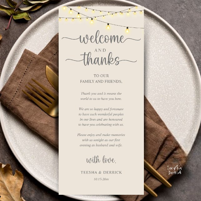 "Welcome and Thanks" Rustic Reception Guest Card Program ("Welcome and Thanks" Rustic Reception dinner Guest thank you Card in string lights cream grey)