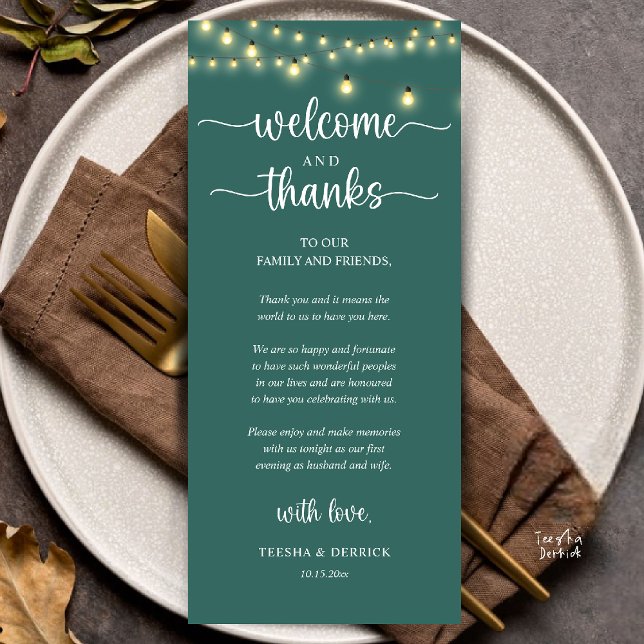 "Welcome and Thanks" Rustic Reception Guest Card Program ("Welcome and Thanks" Rustic Reception dinner Guest thank you Card in string lights teal green)