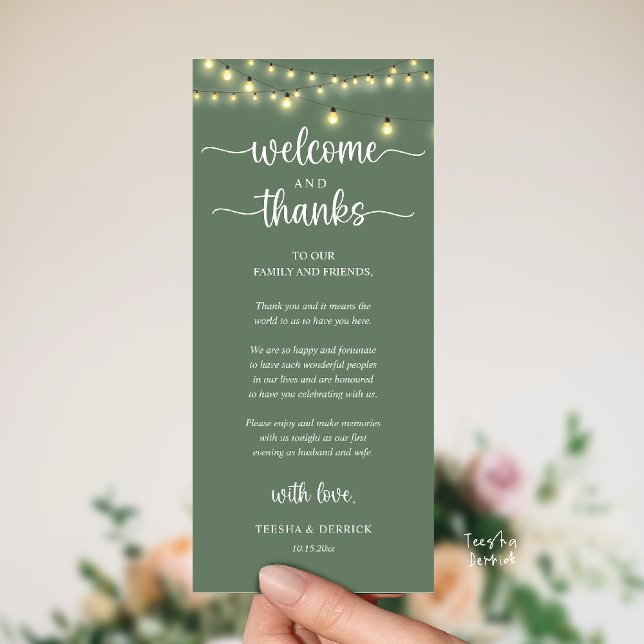 "Welcome and Thanks" Rustic Reception Guest Card Program ("Welcome and Thanks" Rustic Reception dinner Guest thank you Card in string lights sage green)