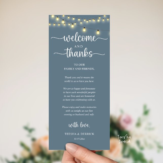 "Welcome and Thanks" Rustic Reception Guest Card Program ("Welcome and Thanks" Rustic Reception dinner Guest thank you Card in string lights dusty blue)