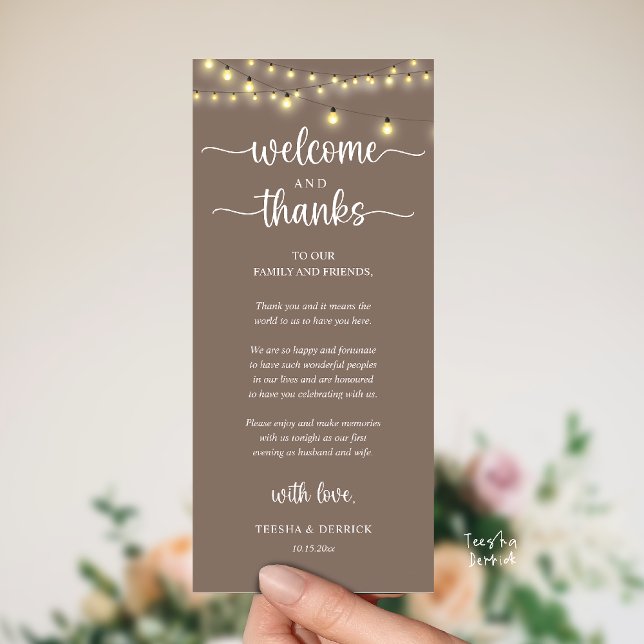 "Welcome and Thanks" Rustic Reception Guest Card Program ("Welcome and Thanks" Rustic Reception dinner Guest thank you Card in string lights taupe)