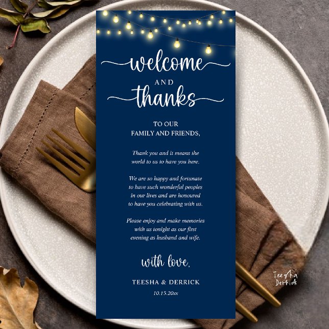 "Welcome and Thanks" Rustic Reception Guest Card Program ("Welcome and Thanks" Rustic Reception dinner Guest thank you Card in string lights navy blue)
