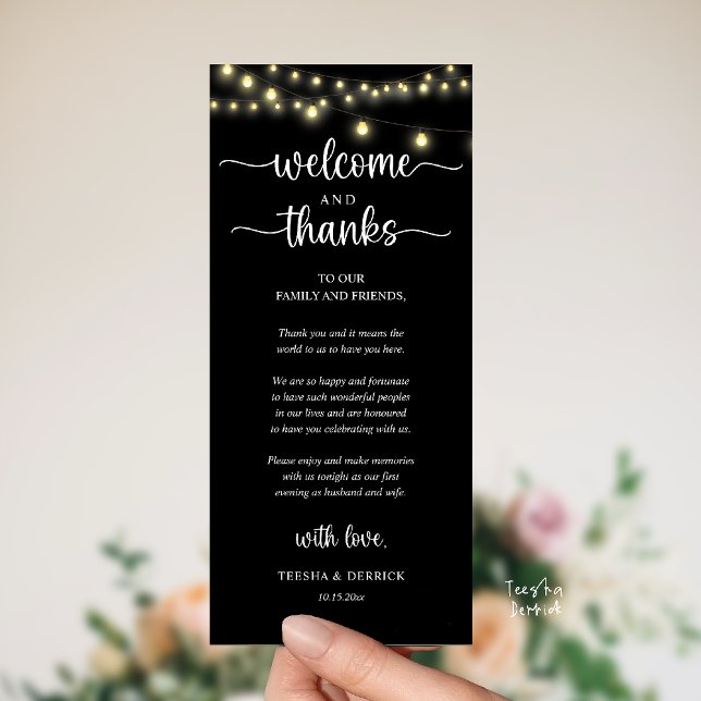 "Welcome and Thanks" Rustic Reception Guest Card Program ("Welcome and Thanks" Rustic Reception dinner Guest thank you Card in string lights black and white)