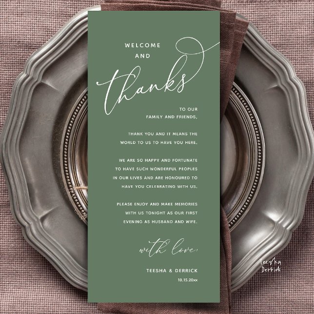 Welcome and Thanks, Wedding Dinner Thank You Card Program (Welcome and Thanks, Happily Ever After Modern Wedding Dinner Thank You Card in Classy Sage Green)