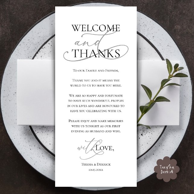 Welcome and Thanks, Wedding Dinner Thank You Card Program (Welcome and Thanks, Wedding Dinner Thank You Card in Black Grey)