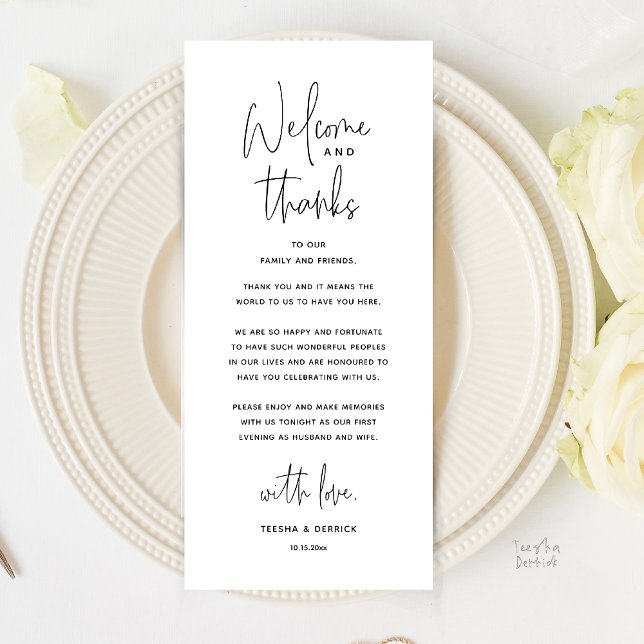 Welcome and Thanks, Wedding Dinner Thank You Card Program (Welcome and Thanks, Wedding Dinner Thank You Card in Black White)