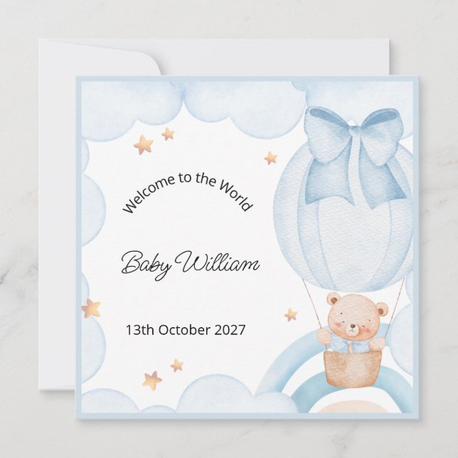 Welcome Baby Boy Balloon Teddy Bear Card (Framsida)