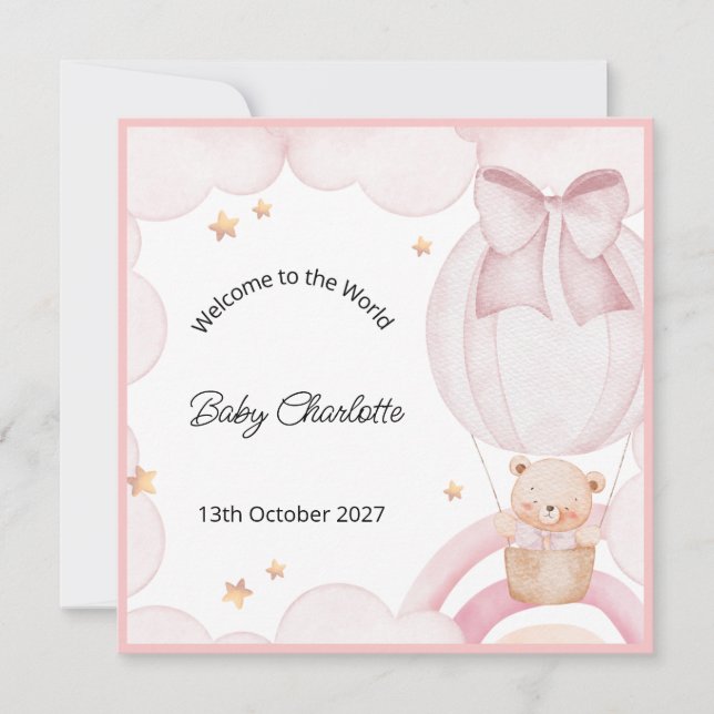 Welcome Baby Girl Balloon Teddy Bear Card (Framsida)
