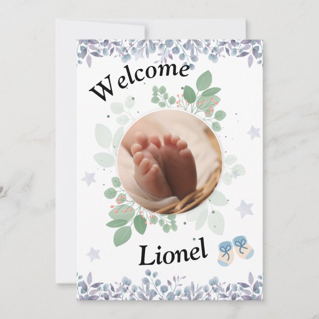 Welcome baby round photo boy tack kort (Framsida)