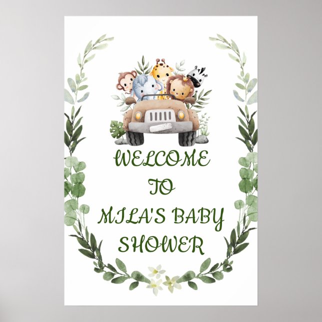WELCOME BABY SHOWER SIGN,SAFARI ÄVENTYR POSTER (Framsidan)