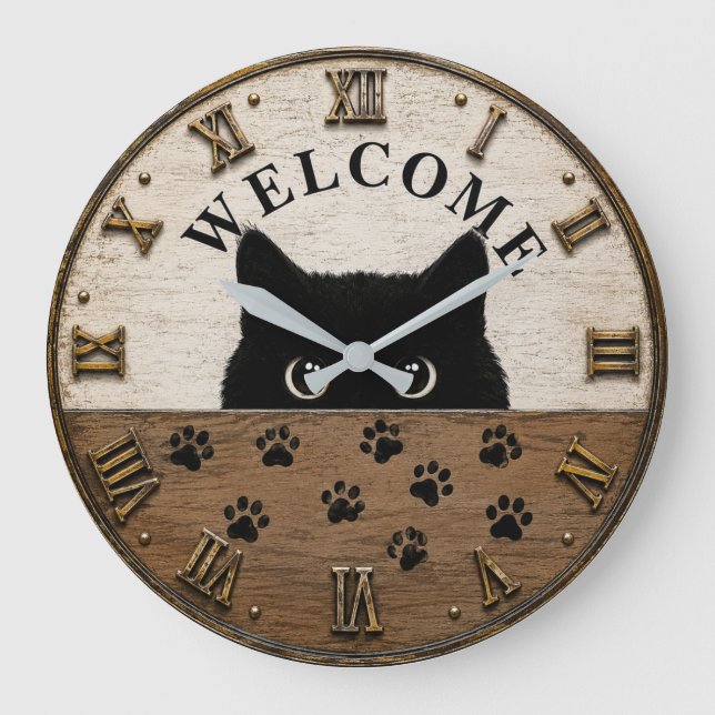 Welcome Black Cat Cute Peeking Kitty Rustic Farmho Stor Klocka (Framsida)