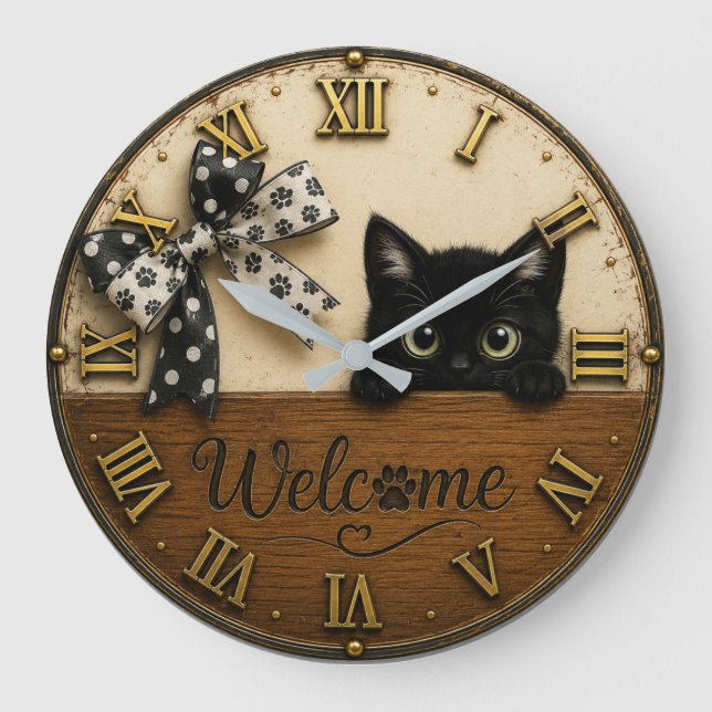 Welcome Black Kitten Cute Peeking Cat Stor Klocka (Framsida)