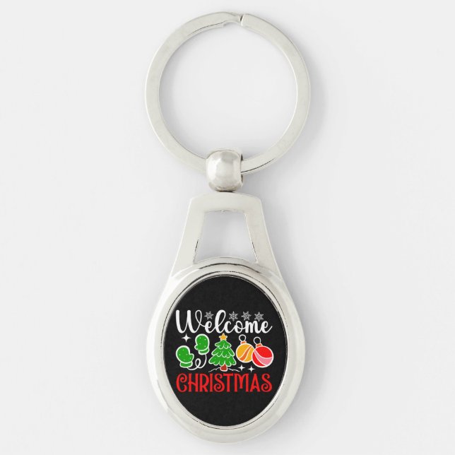 Welcome Christmas Tree And Ornaments-23758 Ovalt Silverfärgad Nyckelring (Framsidan)