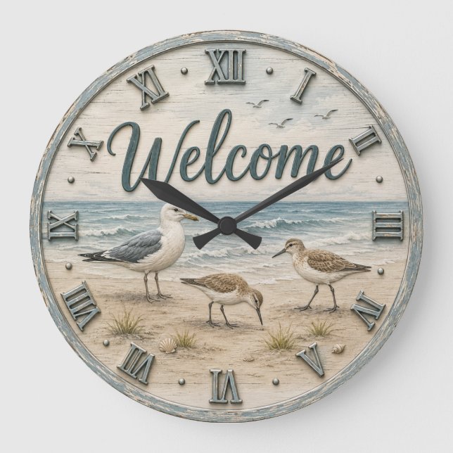 Welcome Coastal Seabirds Rustic Beach House  Stor Klocka (Framsida)