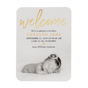 "Welcome" Gold Foil Photo Birth Notice Magnet