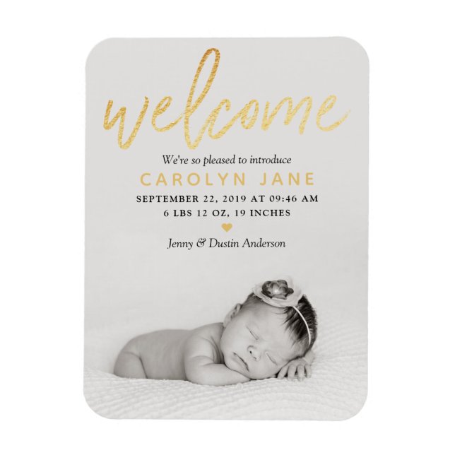 "Welcome" Gold Foil Photo Birth Notice Magnet (Vertikal)