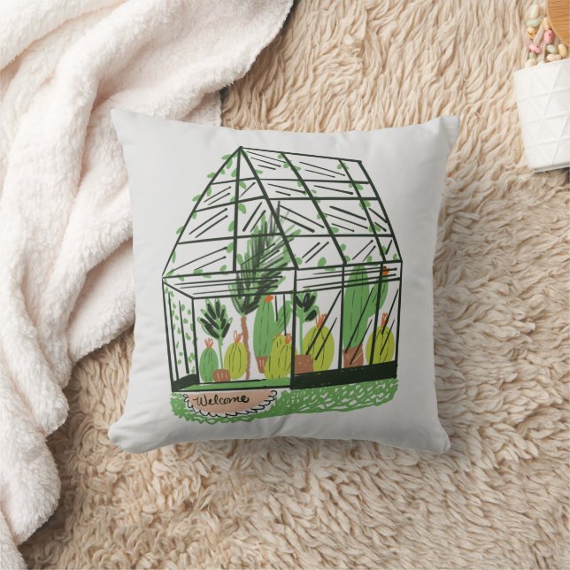 Welcome Green House Botanical Cactus Plants Art Kudde (Filt)