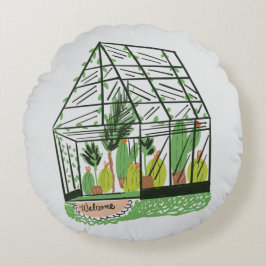 Welcome Green House Botanical Cactus Plants Art Rund Kudde