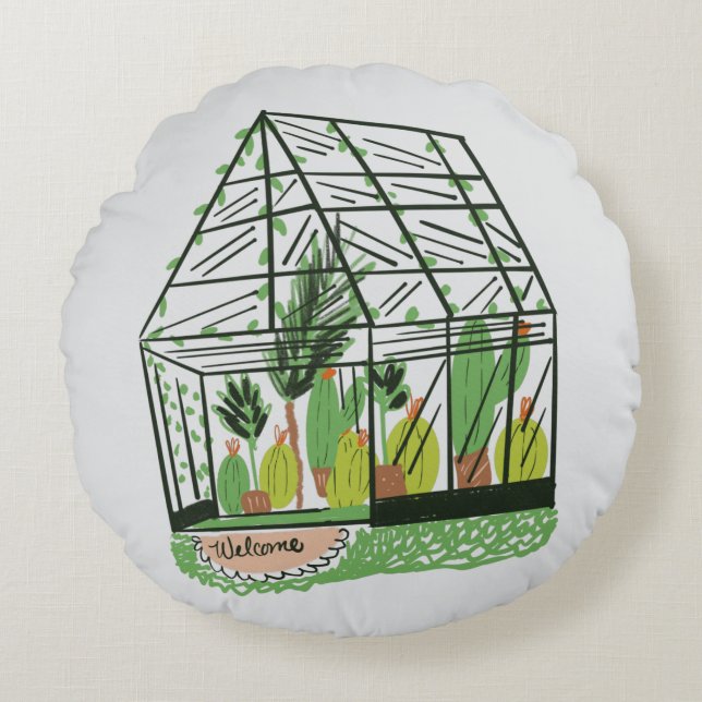Welcome Green House Botanical Cactus Plants Art Rund Kudde (Framsidan)